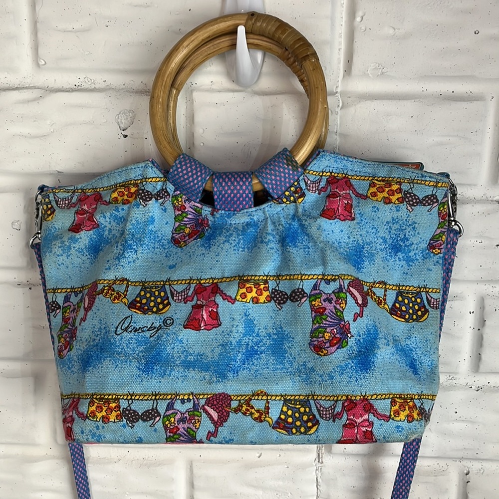 Colorful Beach Scene Handbag with Wooden Ring Handles - Multicolor - Picture 8 of 16
